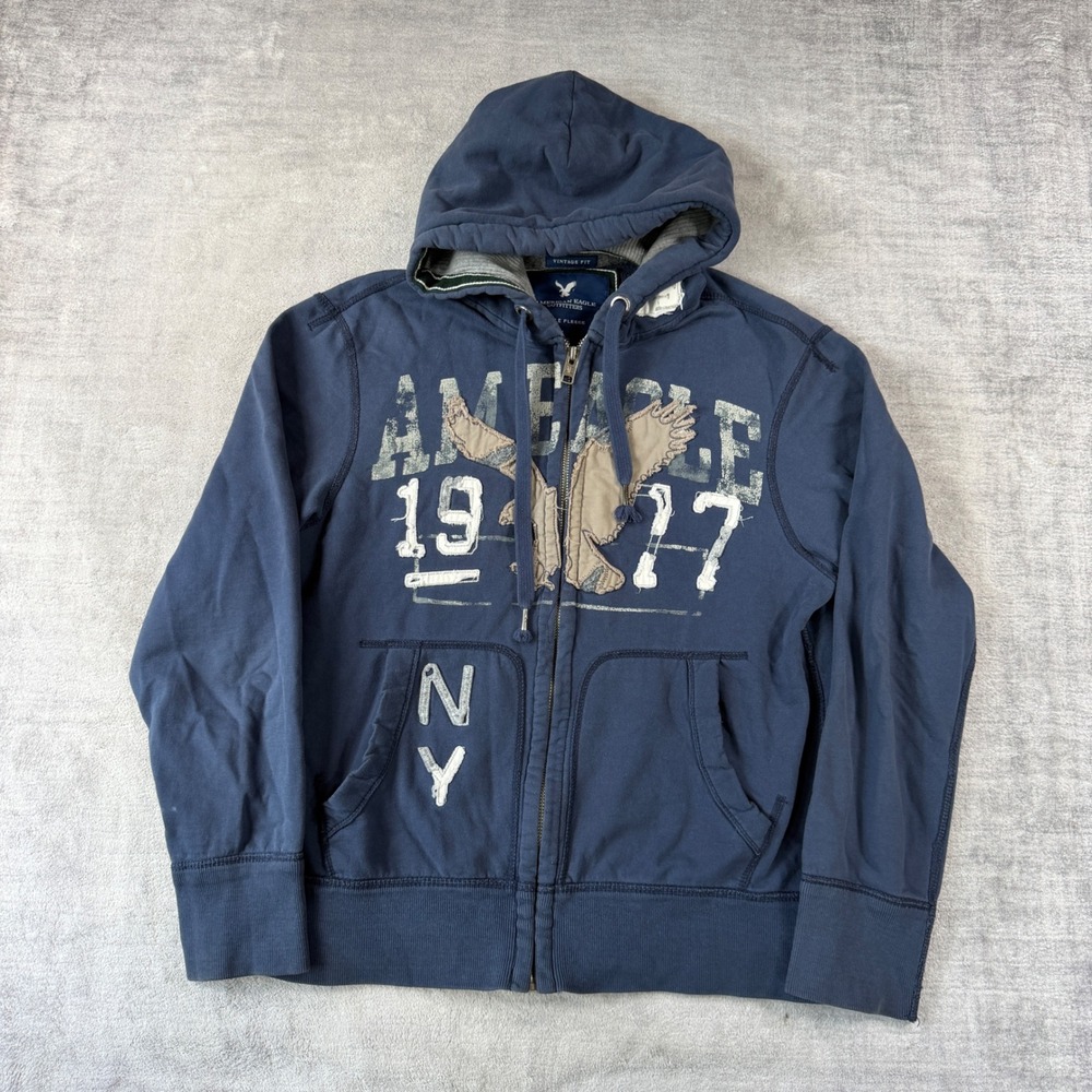 American Eagle Sweatshirt Mens Large Blue Distressed Y2K Eagle Full Zip Hoodie